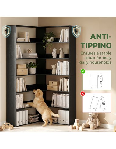 HOMCOM 7 Tiers Bookshelf, L-Shaped Corner Bookcase with Anti-Slip Rear Guard, Black Wood Effect