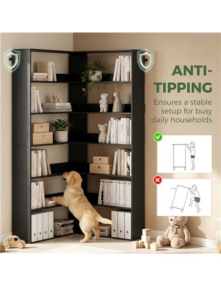 HOMCOM 7 Tiers Bookshelf, L-Shaped Corner Bookcase with Anti-Slip Rear Guard, Black Wood Effect - pic 184970 | FastDaddyshop