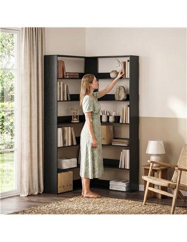 HOMCOM 7 Tiers Bookshelf, L-Shaped Corner Bookcase with Anti-Slip Rear Guard, Black Wood Effect