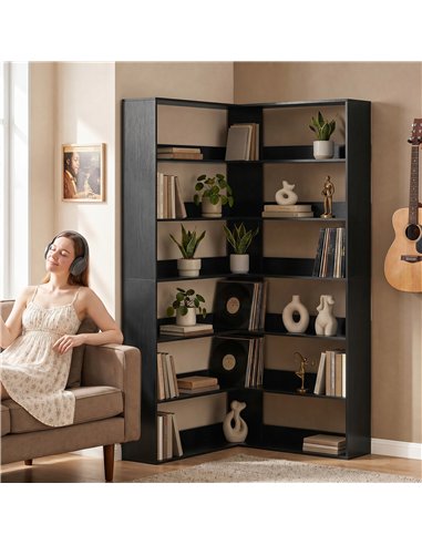 HOMCOM 7 Tiers Bookshelf, L-Shaped Corner Bookcase with Anti-Slip Rear Guard, Black Wood Effect