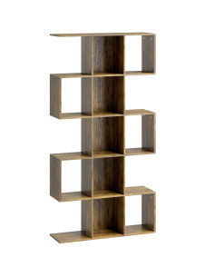 HOMCOM 5-Tier Bookshelf, S Shaped Geometric Bookcase with 15 Compartments, Rustic Brown
