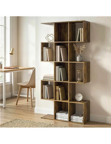 HOMCOM 5-Tier Bookshelf, S Shaped Geometric Bookcase with 15 Compartments, Rustic Brown