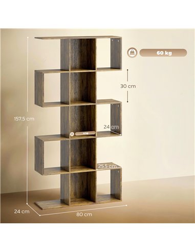 HOMCOM 5-Tier Bookshelf, S Shaped Geometric Bookcase with 15 Compartments, Rustic Brown