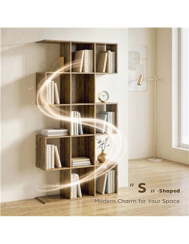 HOMCOM 5-Tier Bookshelf, S Shaped Geometric Bookcase with 15 Compartments, Rustic Brown