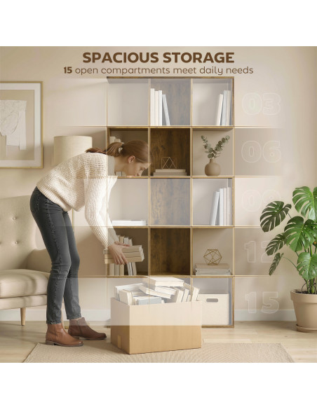 HOMCOM 5-Tier Bookshelf, S Shaped Geometric Bookcase with 15 Compartments, Rustic Brown - pic 184977 | FastDaddyshop
