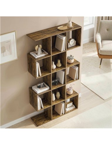 HOMCOM 5-Tier Bookshelf, S Shaped Geometric Bookcase with 15 Compartments, Rustic Brown