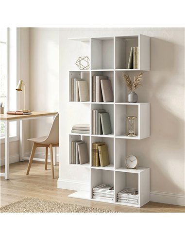 HOMCOM 5-Tier Bookshelf, S Shaped Geometric Bookcase with 15 Compartments, White Wood Effect