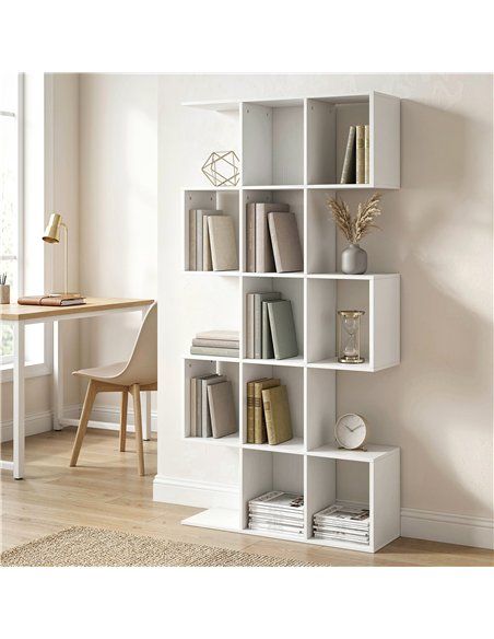 HOMCOM 5-Tier Bookshelf, S Shaped Geometric Bookcase with 15 Compartments, White Wood Effect - pic 184983 | FastDaddyshop