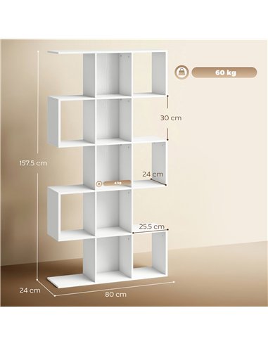 HOMCOM 5-Tier Bookshelf, S Shaped Geometric Bookcase with 15 Compartments, White Wood Effect