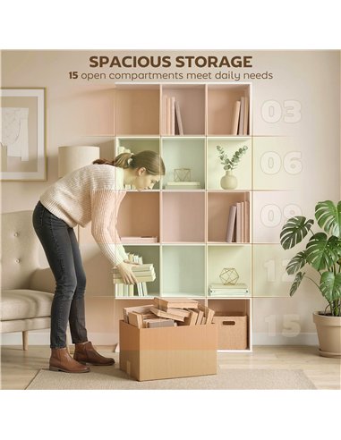 HOMCOM 5-Tier Bookshelf, S Shaped Geometric Bookcase with 15 Compartments, White Wood Effect