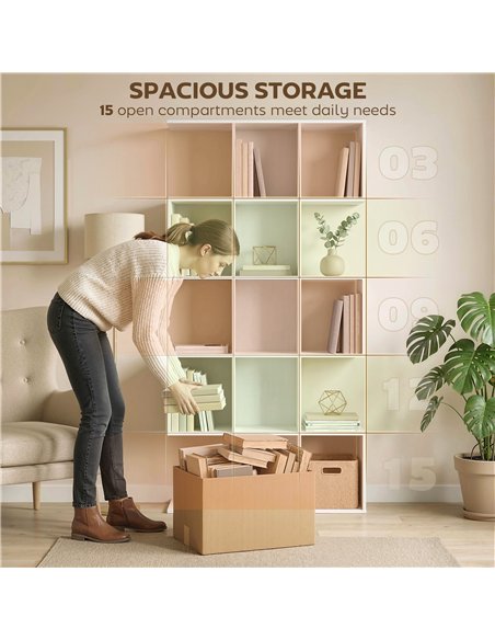 HOMCOM 5-Tier Bookshelf, S Shaped Geometric Bookcase with 15 Compartments, White Wood Effect - pic 184985 | FastDaddyshop