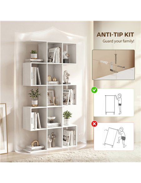 HOMCOM 5-Tier Bookshelf, S Shaped Geometric Bookcase with 15 Compartments, White Wood Effect - pic 184987 | FastDaddyshop