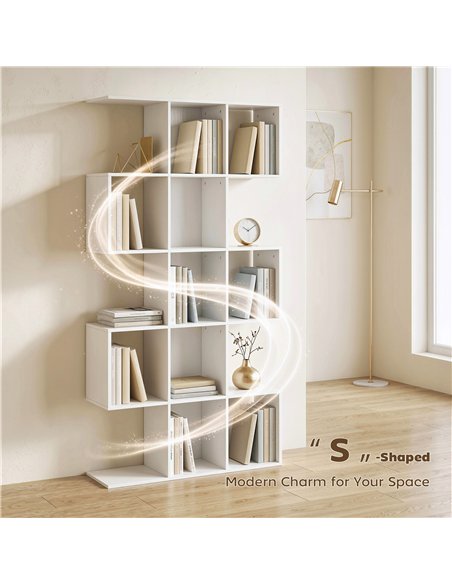 HOMCOM 5-Tier Bookshelf, S Shaped Geometric Bookcase with 15 Compartments, White Wood Effect - pic 184988 | FastDaddyshop