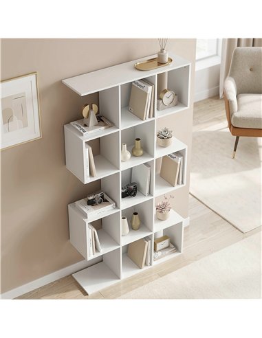 HOMCOM 5-Tier Bookshelf, S Shaped Geometric Bookcase with 15 Compartments, White Wood Effect