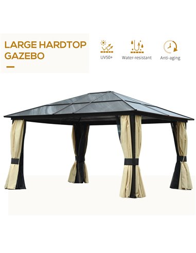 Outsunny 4x3.6m Hardtop Gazebo Canopy with Polycarbonate Roof, Aluminium Frame, Mosquito Netting and Curtains