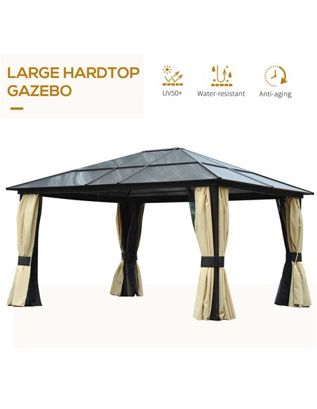 Outsunny 4x3.6m Hardtop Gazebo Canopy with Polycarbonate Roof, Aluminium Frame, Mosquito Netting and Curtains - pic 18506 | FastDaddyshop