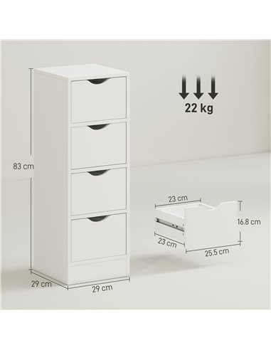 HOMCOM 4-Drawer Bathroom Cabinet, Freestanding Narrow Storage Cabinet with Groove Handles for Small Spaces, White
