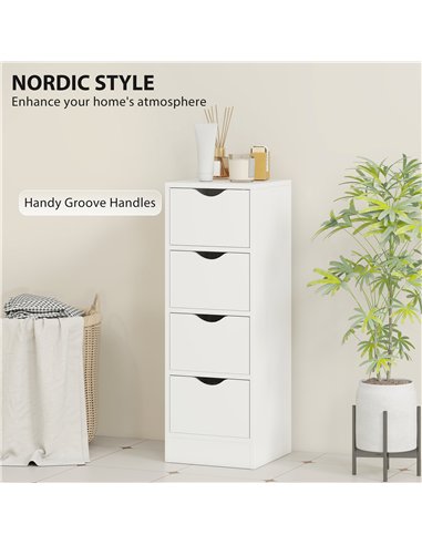 HOMCOM 4-Drawer Bathroom Cabinet, Freestanding Narrow Storage Cabinet with Groove Handles for Small Spaces, White