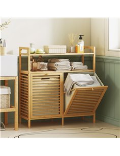 HOMCOM Double Tilt Out Bamboo Laundry Cabinet, Freestanding Bathroom Cabinet with 2 Removable Baskets, Natural 2