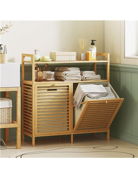 HOMCOM Double Tilt Out Bamboo Laundry Cabinet, Freestanding Bathroom Cabinet with 2 Removable Baskets, Natural - pic 185073 | FastDaddyshop