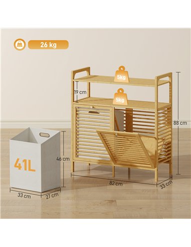 HOMCOM Double Tilt Out Bamboo Laundry Cabinet, Freestanding Bathroom Cabinet with 2 Removable Baskets, Natural
