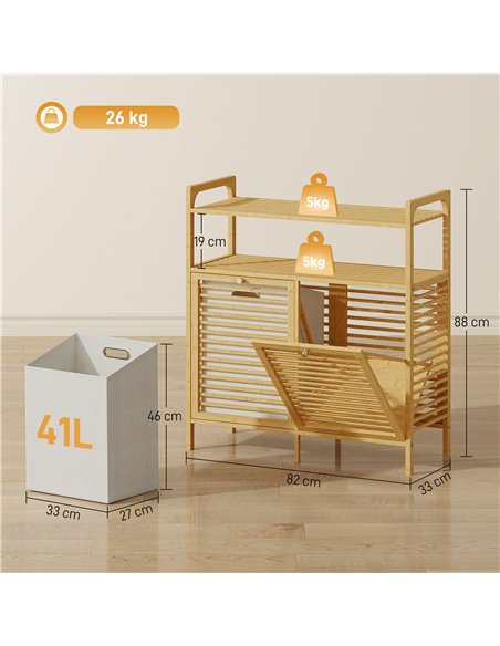 HOMCOM Double Tilt Out Bamboo Laundry Cabinet, Freestanding Bathroom Cabinet with 2 Removable Baskets, Natural - pic 185074 | FastDaddyshop
