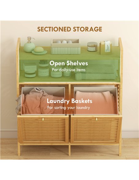 HOMCOM Double Tilt Out Bamboo Laundry Cabinet, Freestanding Bathroom Cabinet with 2 Removable Baskets, Natural - pic 185075 | FastDaddyshop