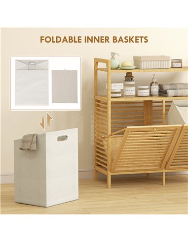 HOMCOM Double Tilt Out Bamboo Laundry Cabinet, Freestanding Bathroom Cabinet with 2 Removable Baskets, Natural