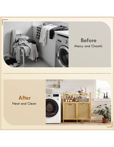 HOMCOM Double Tilt Out Bamboo Laundry Cabinet, Freestanding Bathroom Cabinet with 2 Removable Baskets, Natural