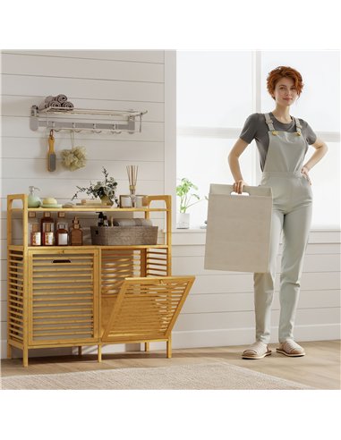HOMCOM Double Tilt Out Bamboo Laundry Cabinet, Freestanding Bathroom Cabinet with 2 Removable Baskets, Natural