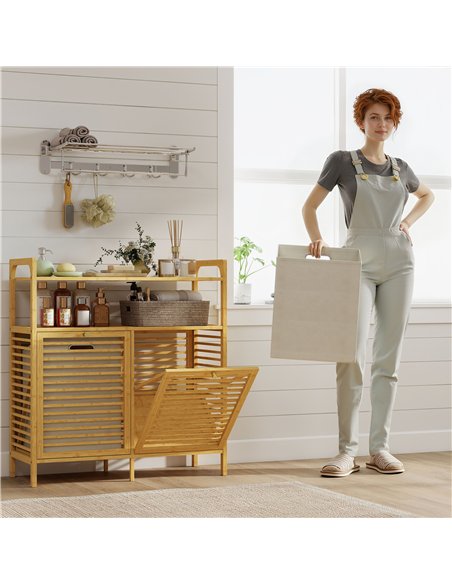 HOMCOM Double Tilt Out Bamboo Laundry Cabinet, Freestanding Bathroom Cabinet with 2 Removable Baskets, Natural - pic 185080 | FastDaddyshop