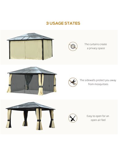Outsunny 4x3.6m Hardtop Gazebo Canopy with Polycarbonate Roof, Aluminium Frame, Mosquito Netting and Curtains