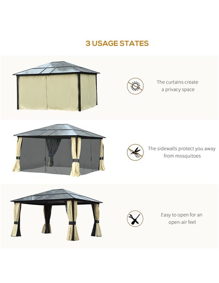 Outsunny 4x3.6m Hardtop Gazebo Canopy with Polycarbonate Roof, Aluminium Frame, Mosquito Netting and Curtains - pic 18509 | FastDaddyshop