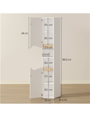 HOMCOM Tall Slim Bathroom Cabinet with 2 Doors, 2 Shelves - White
