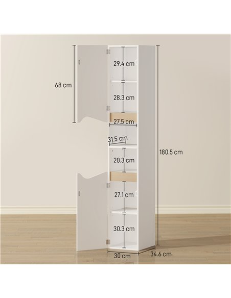 HOMCOM Tall Slim Bathroom Cabinet with 2 Doors, 2 Shelves - White - pic 185092 | FastDaddyshop