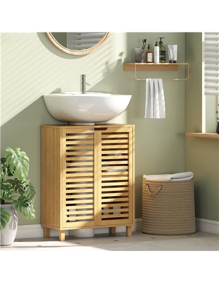 HOMCOM Under Sink Bathroom Cabinet, Freestanding Bamboo Under Sink Cabinet with Louvered Doors and Adjustable Shelf, Natural - pic 185100 | FastDaddyshop