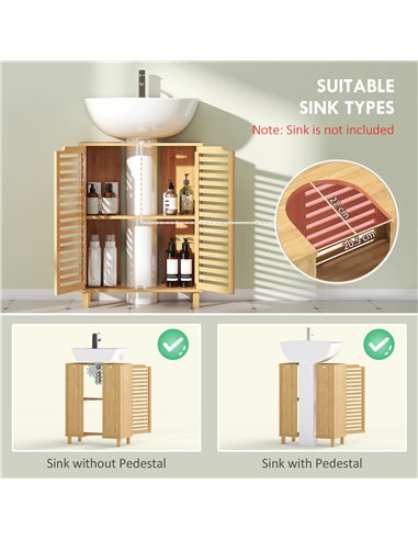 HOMCOM Under Sink Bathroom Cabinet, Freestanding Bamboo Under Sink Cabinet with Louvered Doors and Adjustable Shelf, Natural