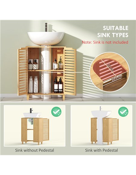HOMCOM Under Sink Bathroom Cabinet, Freestanding Bamboo Under Sink Cabinet with Louvered Doors and Adjustable Shelf, Natural - pic 185102 | FastDaddyshop