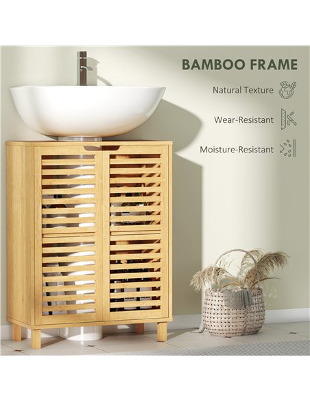 HOMCOM Under Sink Bathroom Cabinet, Freestanding Bamboo Under Sink Cabinet with Louvered Doors and Adjustable Shelf, Natural - pic 185103 | FastDaddyshop