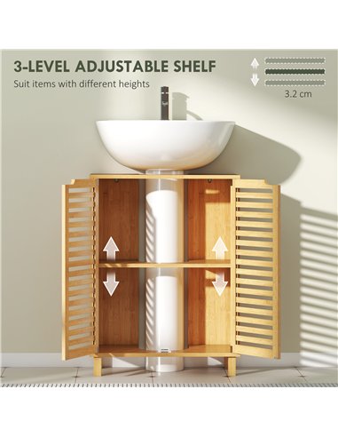 HOMCOM Under Sink Bathroom Cabinet, Freestanding Bamboo Under Sink Cabinet with Louvered Doors and Adjustable Shelf, Natural
