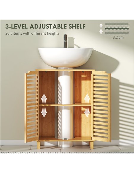 HOMCOM Under Sink Bathroom Cabinet, Freestanding Bamboo Under Sink Cabinet with Louvered Doors and Adjustable Shelf, Natural - pic 185104 | FastDaddyshop