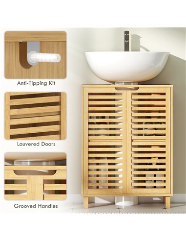 HOMCOM Under Sink Bathroom Cabinet, Freestanding Bamboo Under Sink Cabinet with Louvered Doors and Adjustable Shelf, Natural