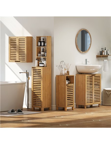 HOMCOM Under Sink Bathroom Cabinet, Freestanding Bamboo Under Sink Cabinet with Louvered Doors and Adjustable Shelf, Natural - pic 185106 | FastDaddyshop
