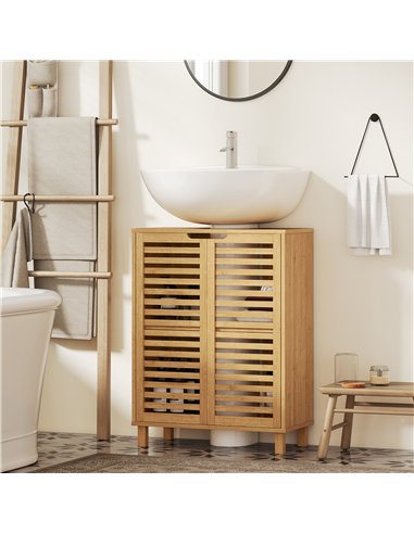 HOMCOM Under Sink Bathroom Cabinet, Freestanding Bamboo Under Sink Cabinet with Louvered Doors and Adjustable Shelf, Natural