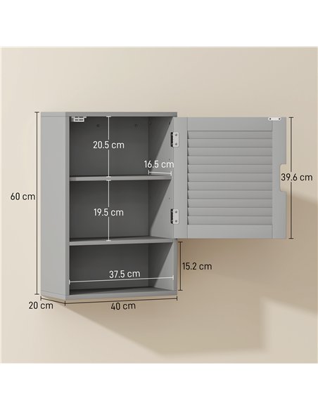 HOMCOM Bathroom Cabinet, Wall Mounted Storage Cabinet with Adjustable Shelves, 40 x 20 x 60 cm, Grey - pic 185110 | FastDaddyshop