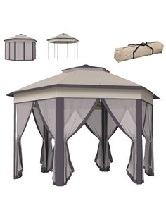 Outsunny 4x3.4m Hexagon Pop Up Gazebo with Double Roof, Netting, Beige