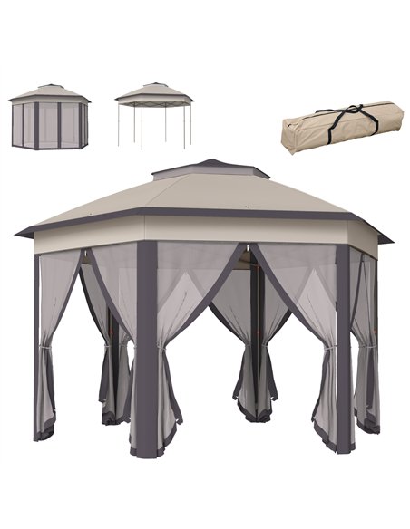 Outsunny 4x3.4m Hexagon Pop Up Gazebo with Double Roof, Netting, Beige - pic 18512 | FastDaddyshop
