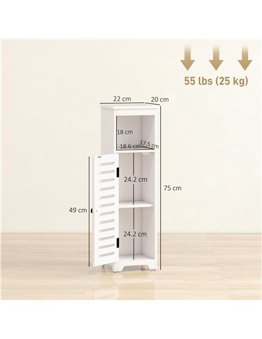 HOMCOM Bathroom Floor Cabinet, Bathroom Storage Unit with Louvered Door, Open Shelf, Adjustable Shelf, White, 22 x 20 x 75 cm