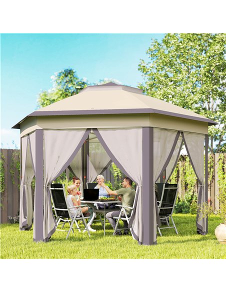 Outsunny 4x3.4m Hexagon Pop Up Gazebo with Double Roof, Netting, Beige - pic 18513 | FastDaddyshop