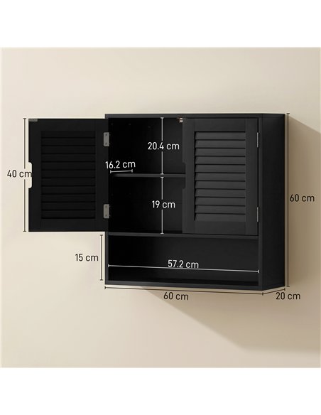 HOMCOM Bathroom Cabinet, Wall Mounted Storage Cabinet with Adjustable Shelves, 60 x 20 x 60 cm, Black - pic 185137 | FastDaddyshop